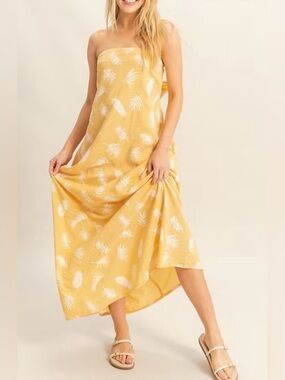 New Fashion Nova Strapless Yellow, White Leaf Tropical Coastal Sz XL Maxi Dress